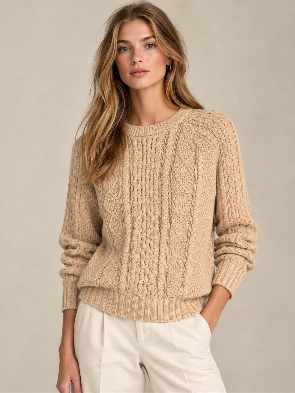 L.L. Bean Women's Signature Cotton Fisherman Crewneck Preppy Cable Knit Sweater